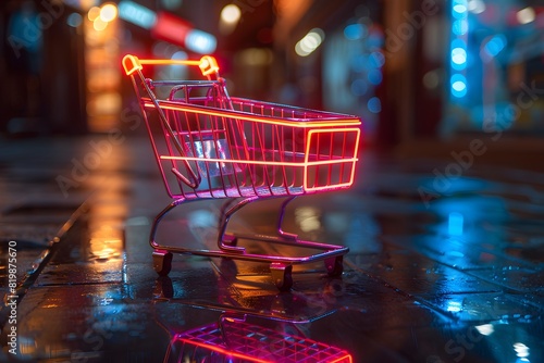 Neon Shopping Cart in Rainy Urban Street, Nighttime City Vibes for Print, Poster, Digital Design