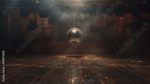An empty dance floor with a disco ball hanging from the ceiling. The room is dark and smoky. The floor is made of wood and is in need of repair.