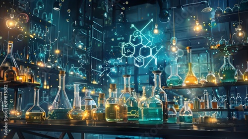 Futuristic Laboratory Experiment with Glowing Chemical Formulas and Compounds