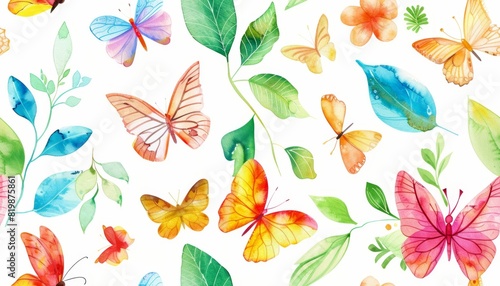 Colorful Butterfly and Floral Watercolor Pattern..