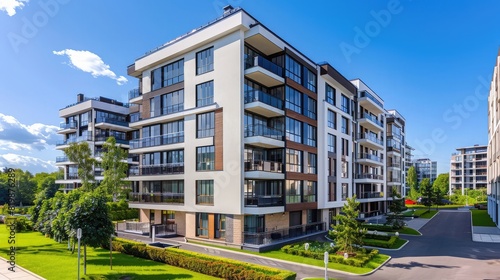 Modern residential block of apartment buildings with facade of flat buildings against blue clear sky. Urban real estate and complex of buildings for people, Concept of housing renovation,Copy space
