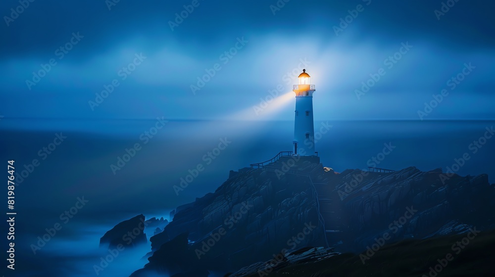 The dark blue sea stretches out into the distance, with a bright white lighthouse standing tall on a rocky cliff.
