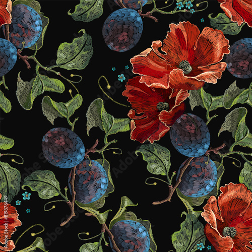 Embroidery plums and red poppies flowers, seamless pattern. Summer garden background. Fashion template for clothes, t-shirt design, renaissance style