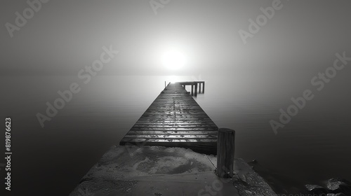 The wooden dock juts out into the still water, disappearing into the mist. The only light comes from the sun, which is hidden behind the fog. photo