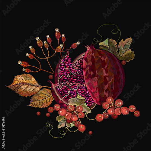 Embroidery ripened pomegranate,red currant and autumn leaves. Summer graphic art. Template fashionable clothes, t-shirt design