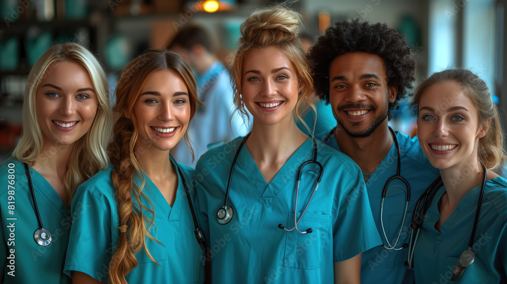 A Diverse Team of Students in Nurse Uniforms Celebrates with Joy A Diverse Team of Students in Nurse Uniforms Celebrates with Joy