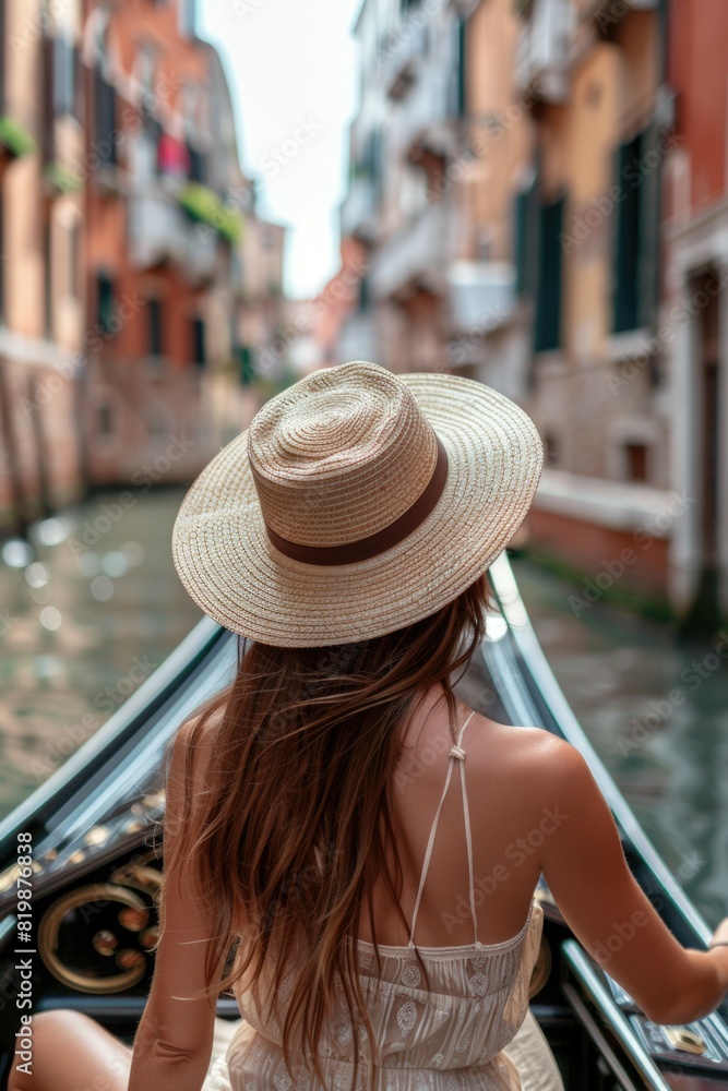 A woman in a hat enjoying a gondola ride. Suitable for travel concepts