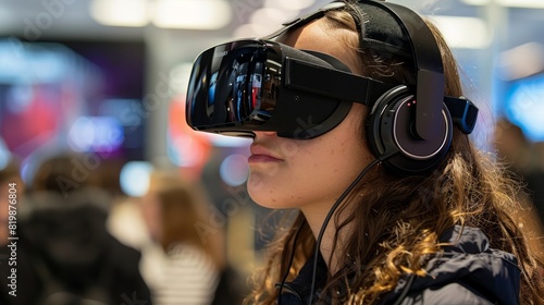 Person using a virtual reality headset, experiencing an immersive digital environment, showcasing the future of entertainment and learning. © chaisiri