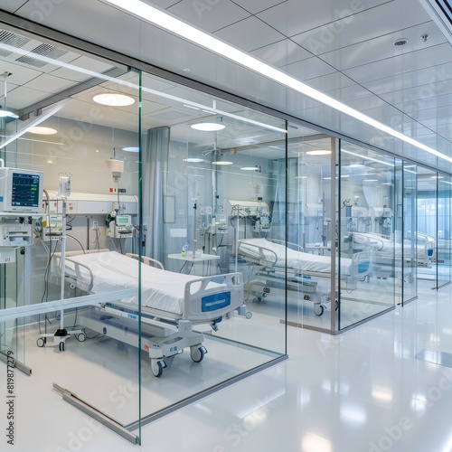The image shows a modern hospital room with glass walls and advanced medical equipment.
