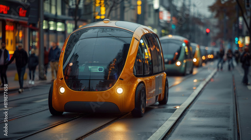 A small electric vehicle is driving down a city street, AI