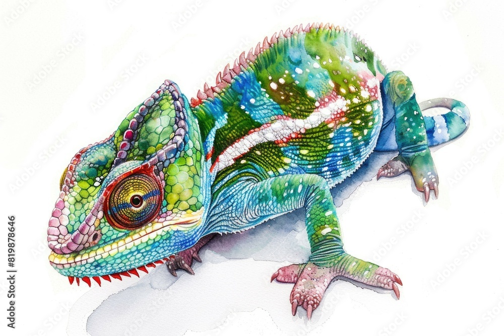 Obraz premium A painting of a chameleon on a white background. Suitable for educational materials