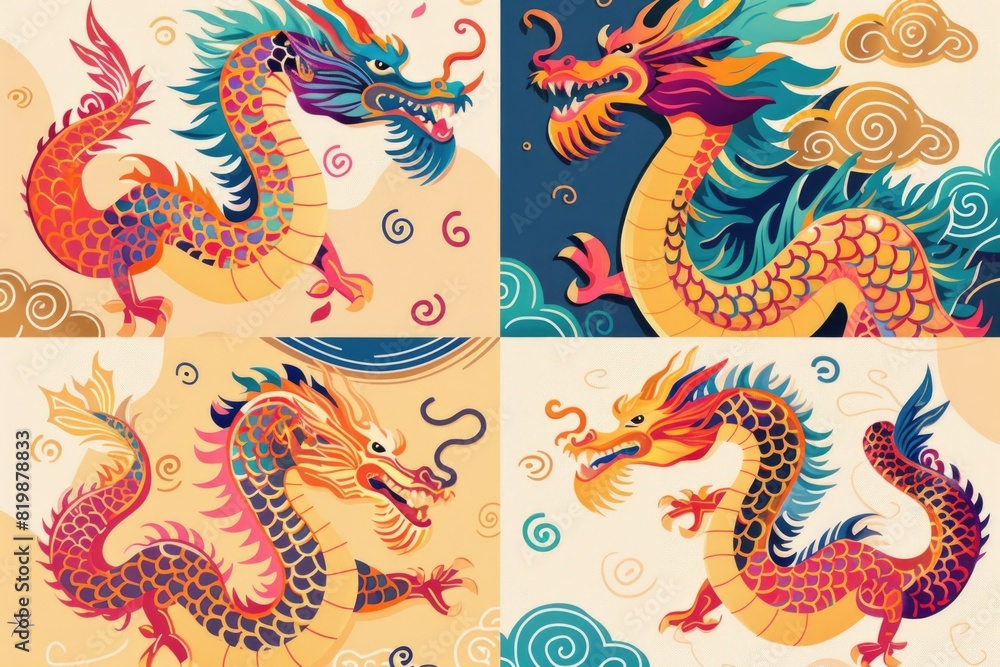 Fototapeta premium Set of four vibrant illustrations of Chinese dragons. Ideal for cultural designs and festive projects