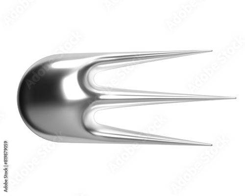 3D Y2K chrome abstract shape of falling star or comet with shiny metallic glossy silver surface. Isolated render vector element for retro futuristic design in cyber space galaxy aesthetic
