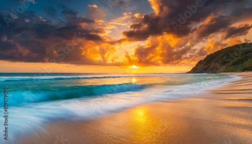 Sunset over tropical island beach with motion blurred sea waves photo