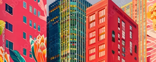 Illustration of colorful cityscape with tall buildings, bright bold flowers and leaves on left side. Background mix of retro modern high-rises. Business theme banner. 60s. Real estate, realtor, offer. © Alla
