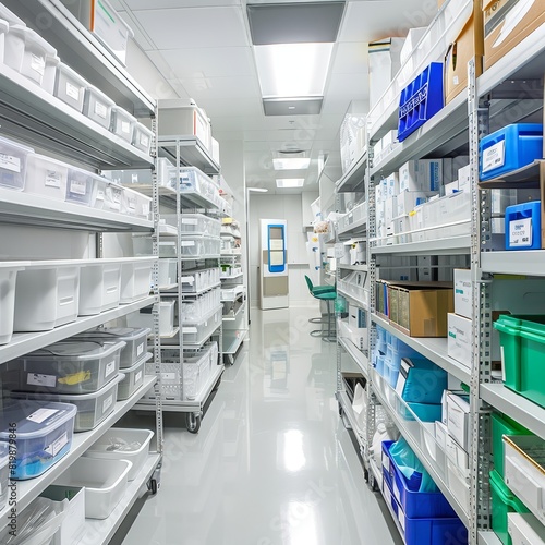 The image shows a long, narrow room with shelves on both sides. The shelves are filled with various medical supplies. There is a door at the end of the room.