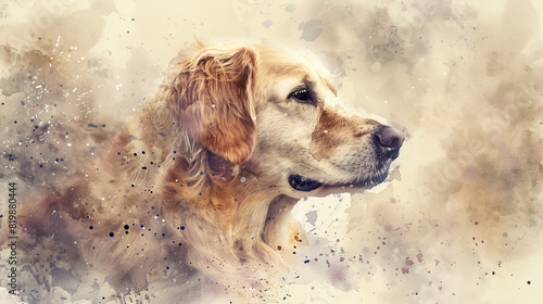 A digital painting of a Golden Retriever in profile view with artistic splashes and a soft, abstract background.