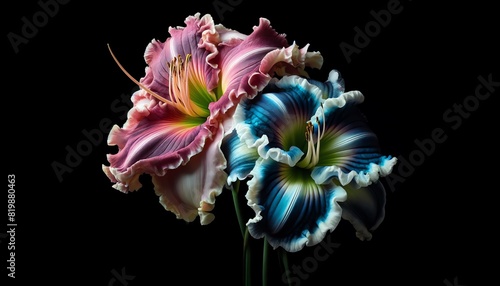 Two large ‘Primal Scream’ Daylily flowers in a dark background