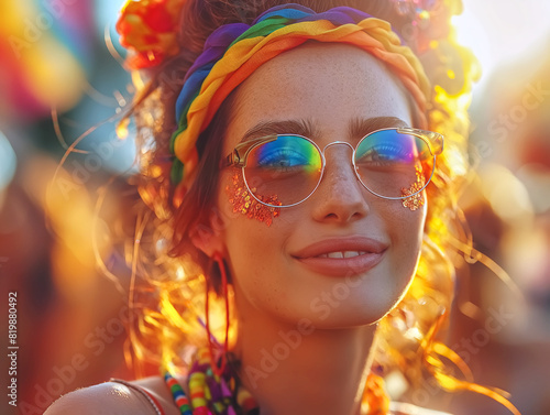 Smilely woman wear glesses at a pride event,The vibrant colors of a rainbow flag in the background, pride day photo