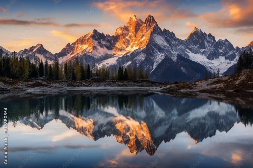 A beautiful mountain range, reflecting in serene lake, nature background