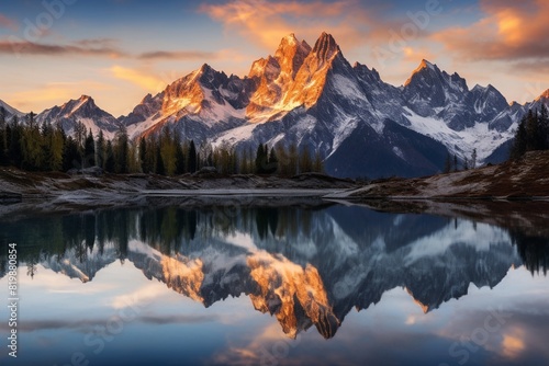 A beautiful mountain range, reflecting in serene lake, nature background © lattesmile