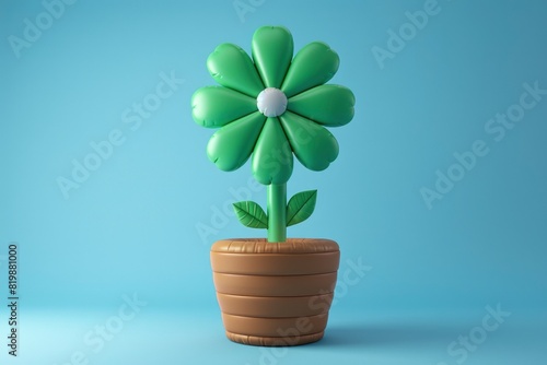 green flower made of inflatable items on blue background in style of 3d. playful design. botanical festive floral card. Simple modern decor