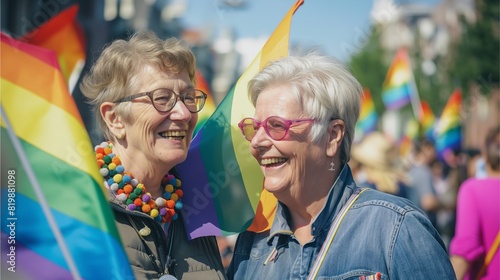 Two happy old women at the gay pride in Amsterdam, wearing glasses and holding rainbow flags, smiling to each other. The photo has the style of editorial photography with professional color grading,AI photo
