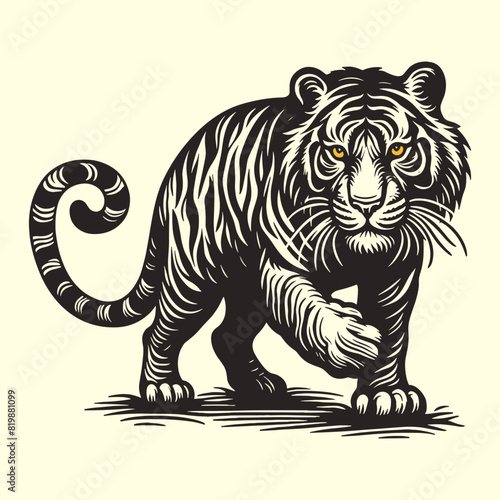 prowling fierce tiger with yellow eyes vintage illustration