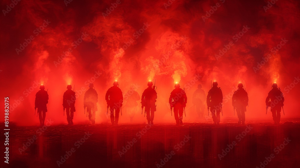 A group of men in red uniforms with torches on their heads, AI A group of men in red uniforms with torches on their heads, AI