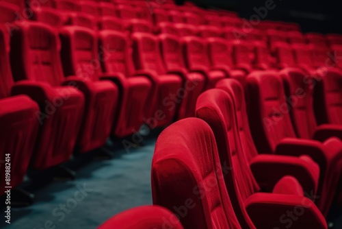 Empty cinema hall in red color chairs. Empty cinema hall with red seats. Movie theatre. Projector in cinema hall with blank white screen