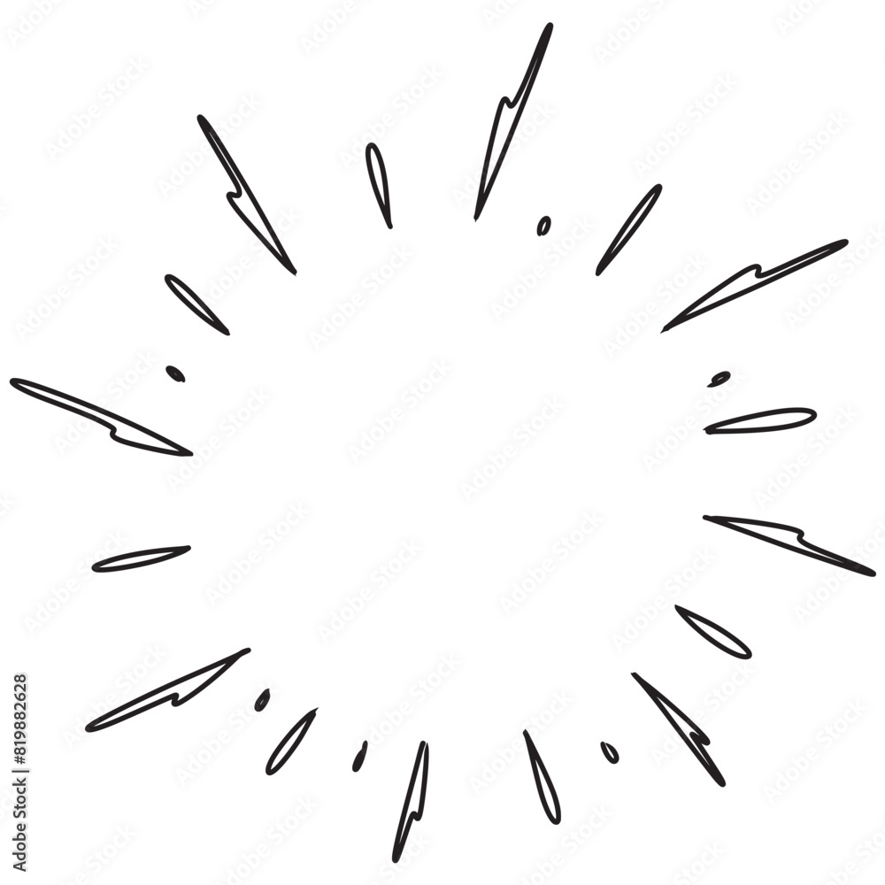 Doodle sketch style of Starburst, sunburst,  Element Fireworks Black Rays. Comic explosion effect. Radiating, radial lines. cartoon hand drawn illustration for concept design.