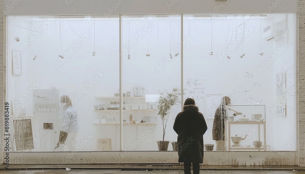 The image shows a frosted glass window with a person standing outside looking in. The image shows a frosted glass window with a person standing outside looking in.