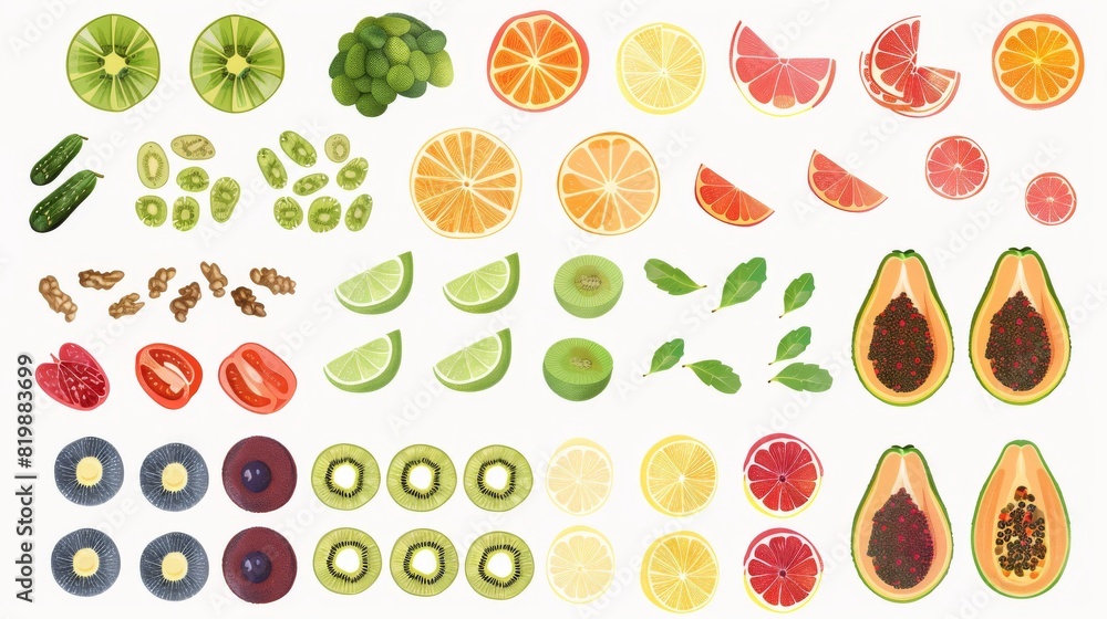 A variety of fruits and vegetables are on display, including apples, oranges, bananas, grapes, and avocados. The fruits and vegetables are all arranged in a visually appealing way. A variety of fruits and vegetables are on display, including apples, oranges, bananas, grapes, and avocados. The fruits and vegetables are all arranged in a visually appealing way.
