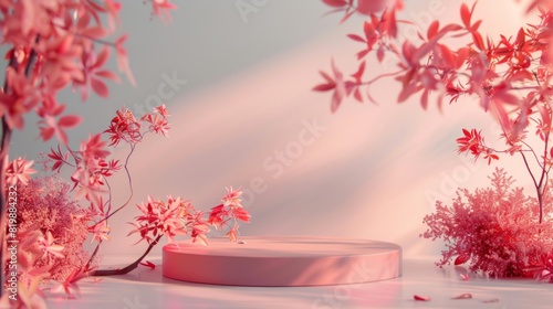 pink round podium with a flower background for product presentation