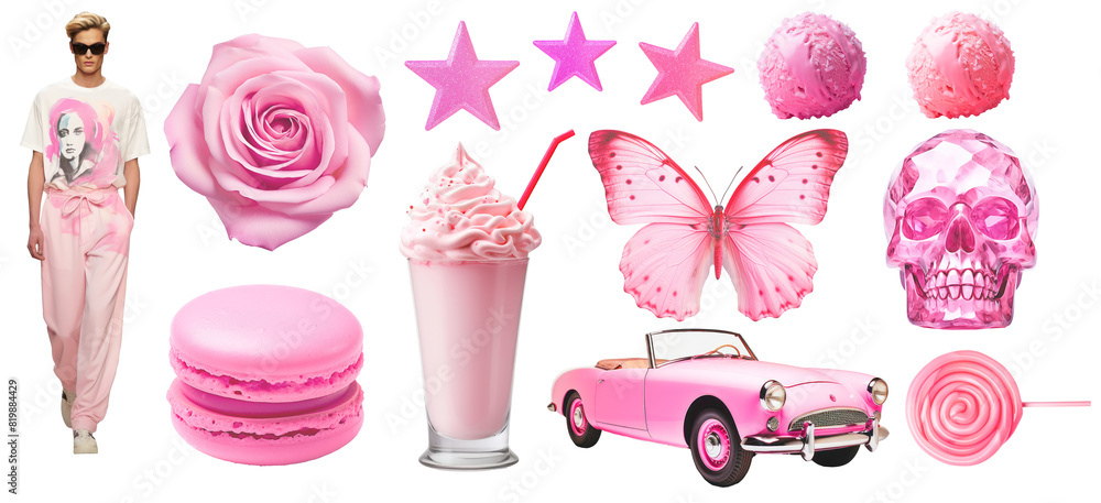 Set of pink fashion objects and model on png background. Ideal set for moodboards design and collage art. Pink aesthetic trends. Set of pink fashion objects and model on png background. Ideal set for moodboards design and collage art. Pink aesthetic trends.