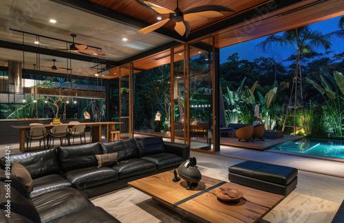 Modern, sleek and luxurious villa in Phuket with an outdoor seating area overlooking the pool at night. The scene includes comfortable sofas arranged around a glass table on a wooden floor. © Kien