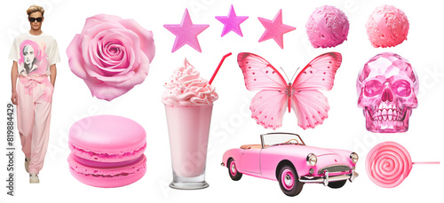 Set of pink fashion objects and model on png background. Ideal set for moodboards design and collage art. Pink aesthetic trends.