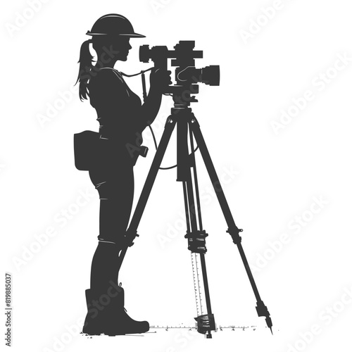 Silhouette Surveyor engineer women with geodetic survey marker black color only