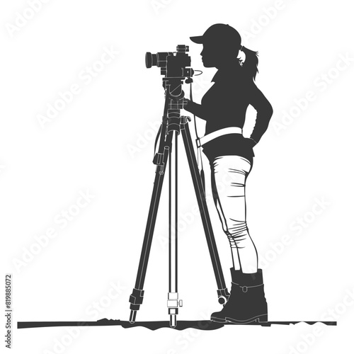 Silhouette Surveyor engineer women with geodetic survey marker black color only