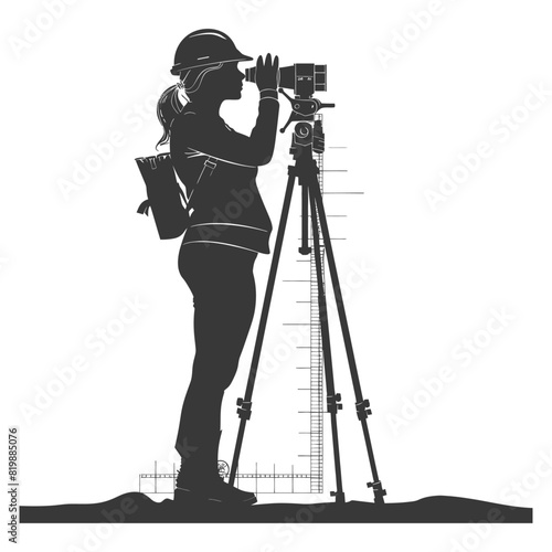 Silhouette Surveyor engineer women with geodetic survey marker black color only