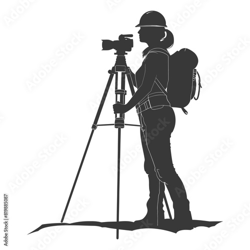 Silhouette Surveyor engineer women with geodetic survey marker black color only