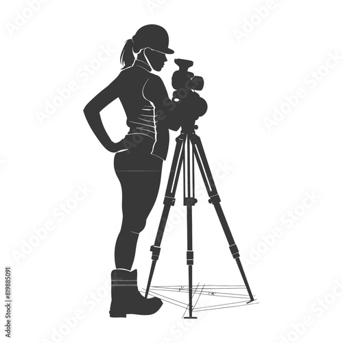 Silhouette Surveyor engineer women with geodetic survey marker black color only
