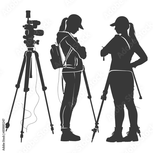 Silhouette Surveyor engineer women with geodetic survey marker black color only