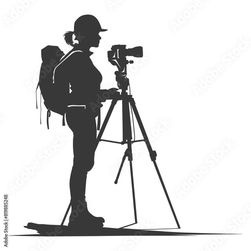 Silhouette Surveyor engineer women with geodetic survey marker black color only