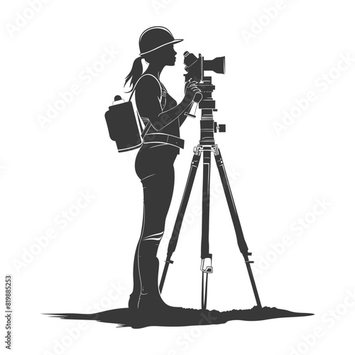 Silhouette Surveyor engineer women with geodetic survey marker black color only