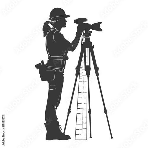 Silhouette Surveyor engineer women with geodetic survey marker black color only