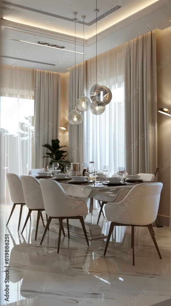 interior modern dinner room with white shades and smooth colors