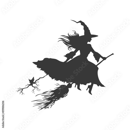 Silhouette witch flies on a magic broomstick black color only