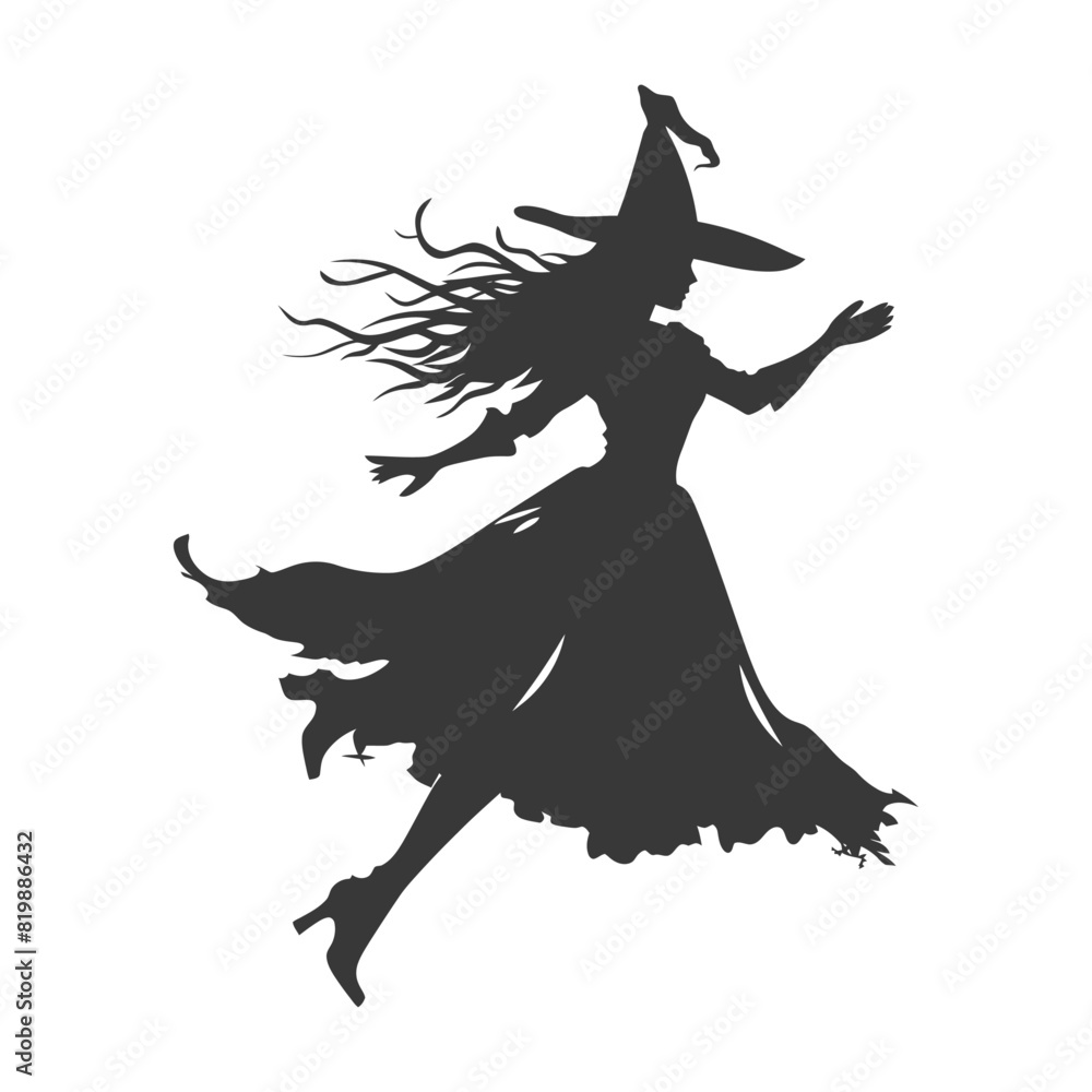 Silhouette witch in action full body black color only Silhouette witch in action full body black color only