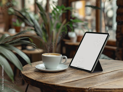 Mockup of a tablet with a blank white screen placed on a cafe table, ready for customization